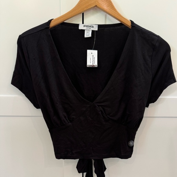 RSQ Womens Open Back Crop Top SS shirt tie stretchy Black Sz XL NWT - Picture 1 of 11